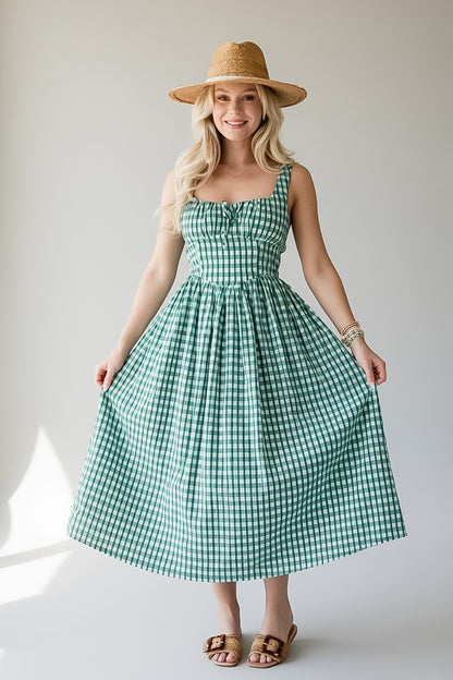 Just Imagine Green Gingham Midi Dress
