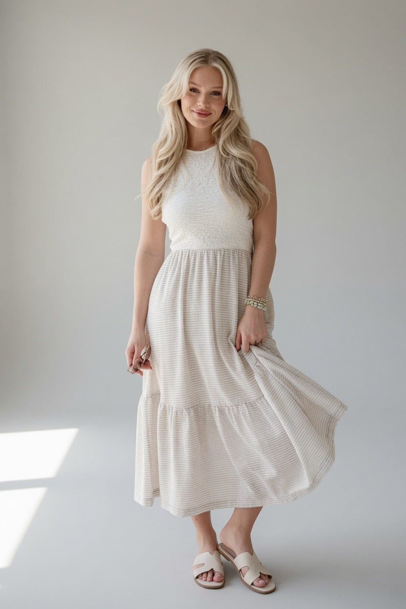 Sweet Adoration Taupe Striped Contrast Midi Dress