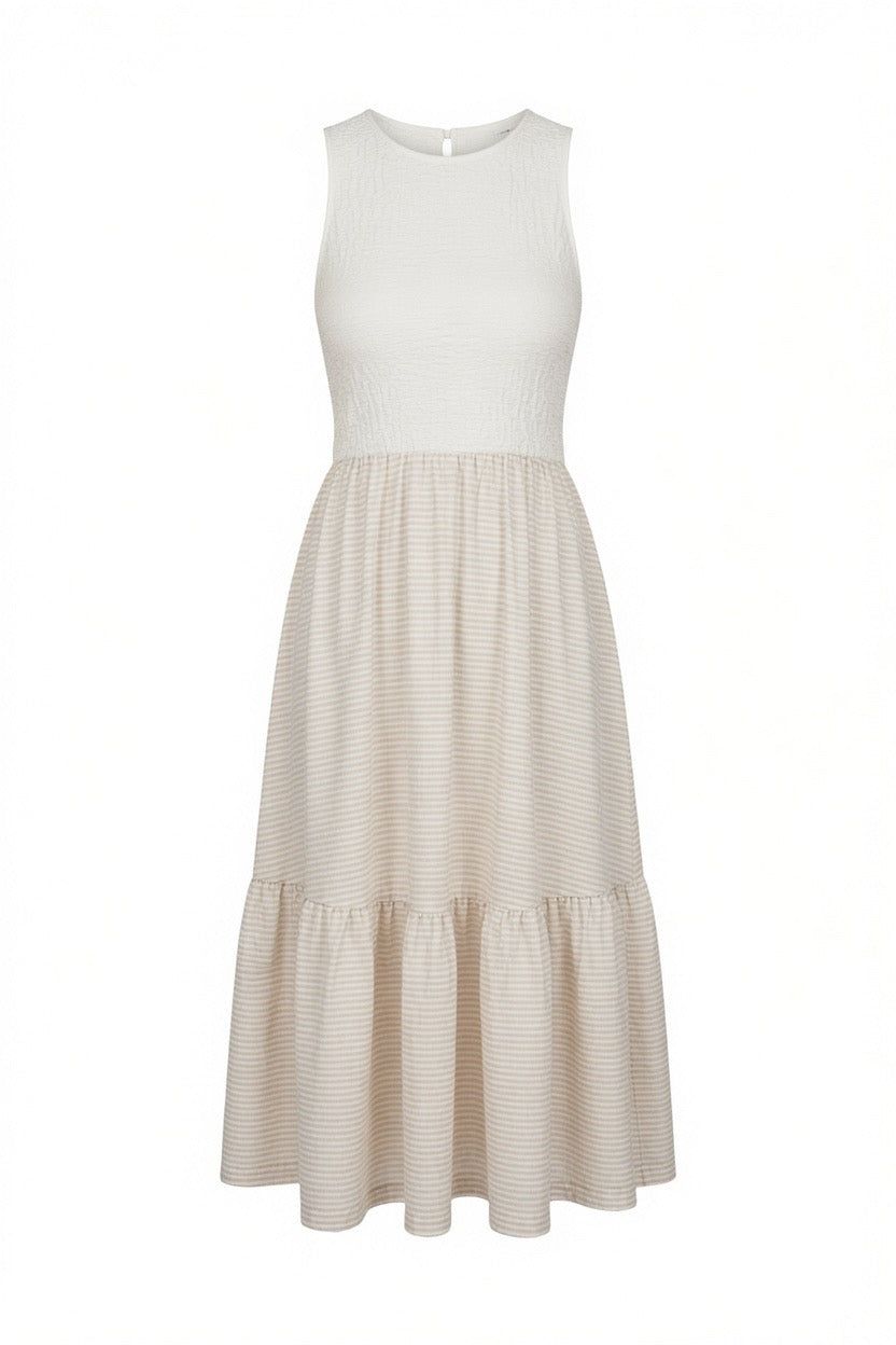 Sweet Adoration Taupe Striped Contrast Midi Dress