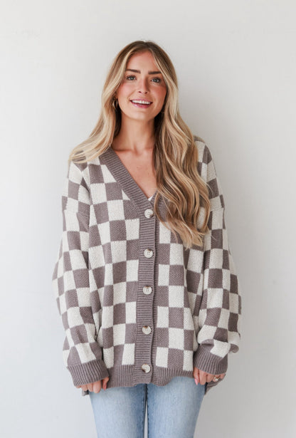 Mocha Checkered Sweater Cardigan on model