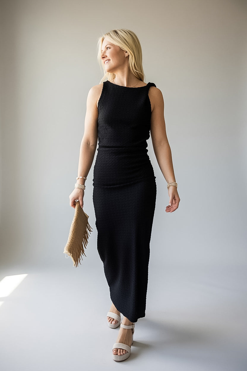 Wherever You Go Black Textured Maxi Dress