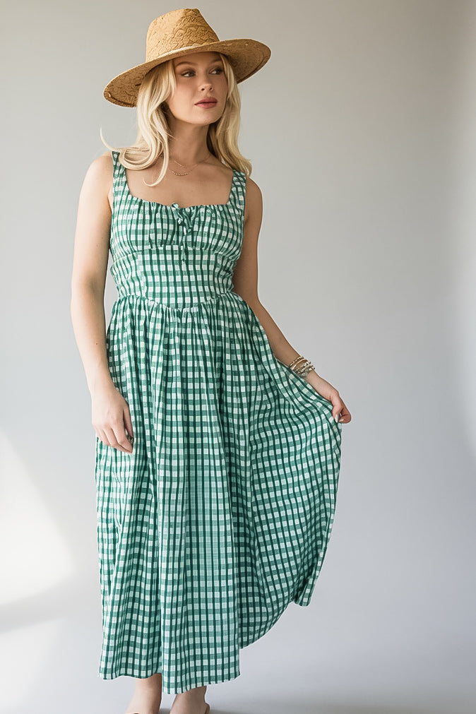 Just Imagine Green Gingham Midi Dress