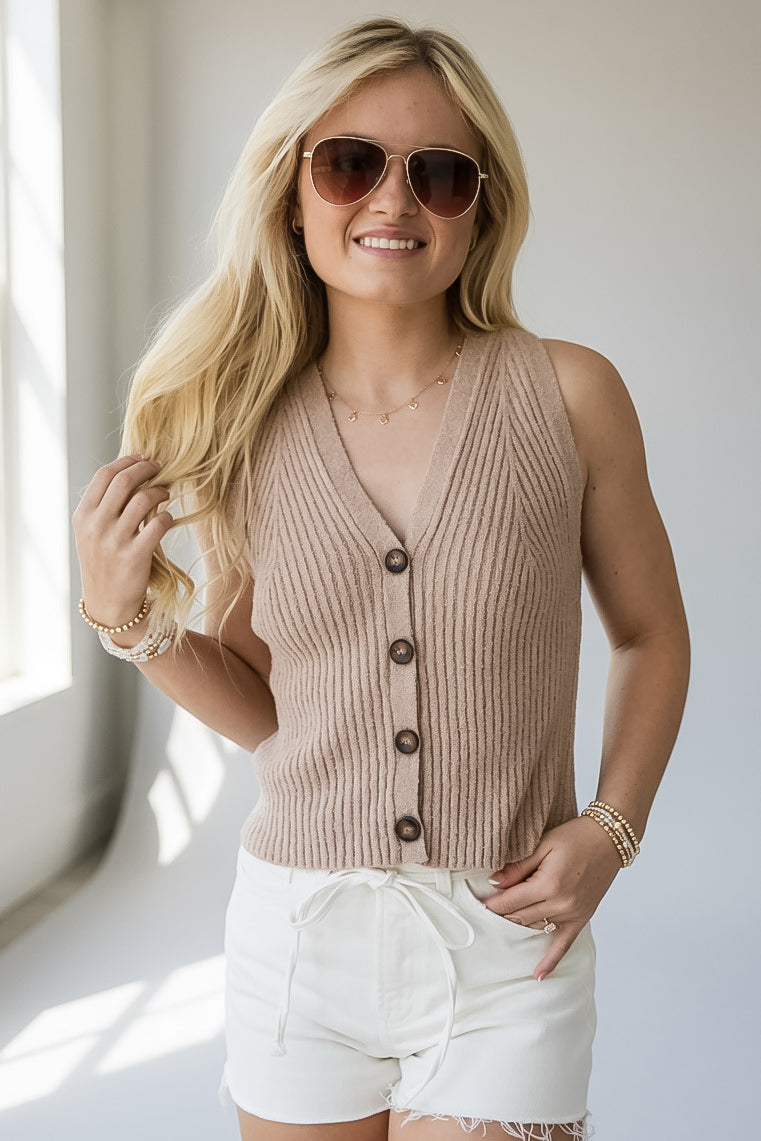 After Five Taupe Button Front Knit Vest