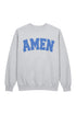 A light heather gray crewneck sweatshirt featuring the word &