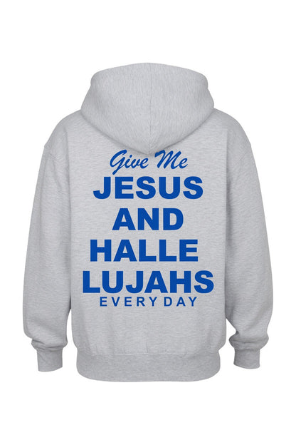 A light gray heather pullover hoodie shown from the back, featuring a bold blue text graphic that reads &