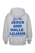 A light gray heather pullover hoodie shown from the back, featuring a bold blue text graphic that reads &