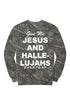 A long-sleeve crewneck sweatshirt featuring a dark gray and black woodland camouflage pattern with bold white text on the front that reads &