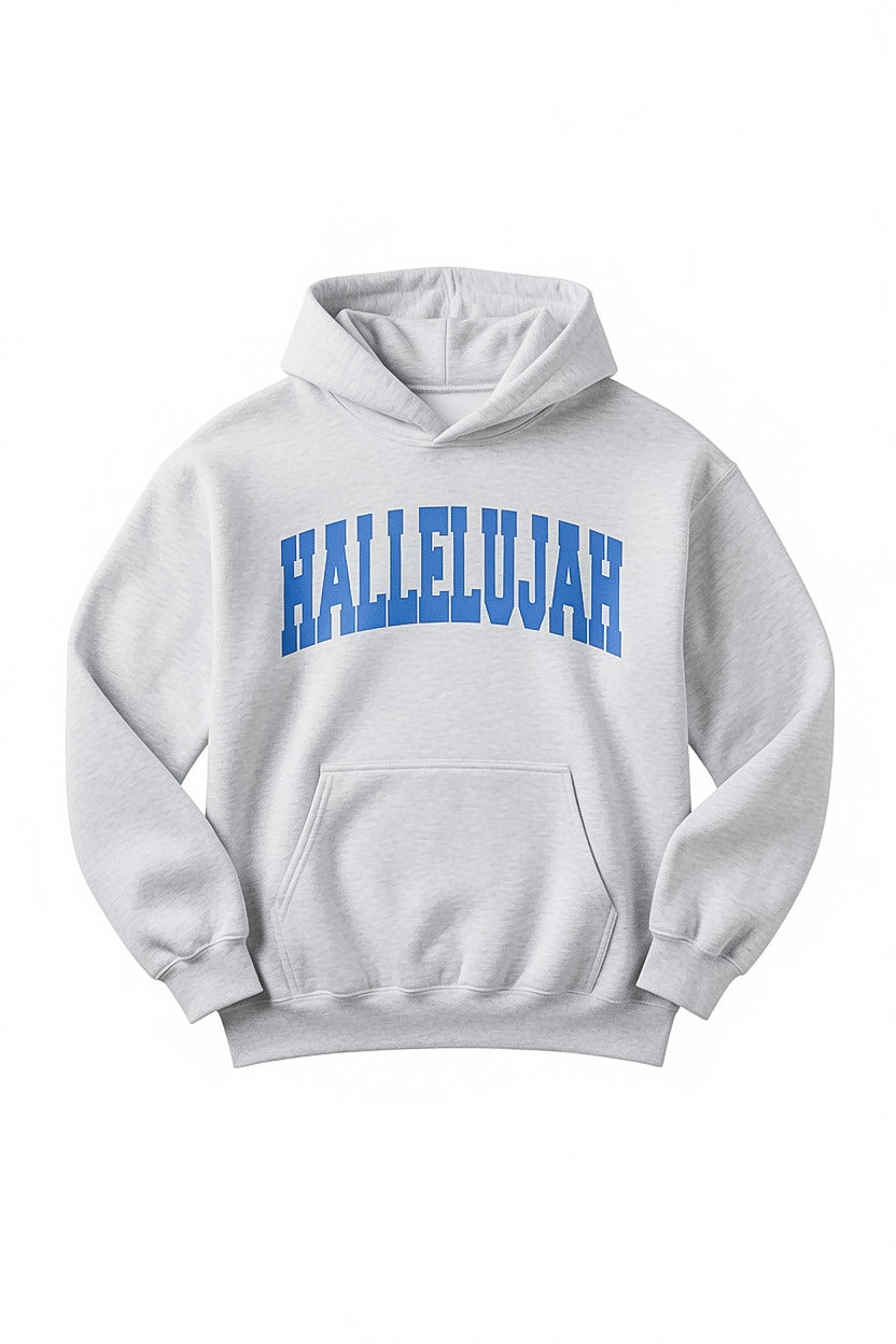 A light gray pullover hoodie with &