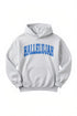 A light gray pullover hoodie with &