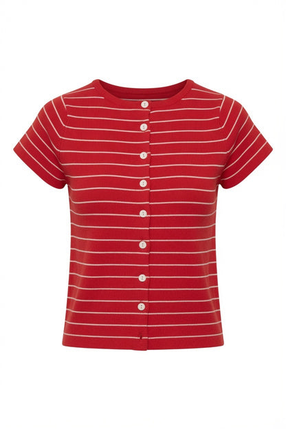 A red short-sleeve button-up top with thin white horizontal stripes, displayed on a clean white background.