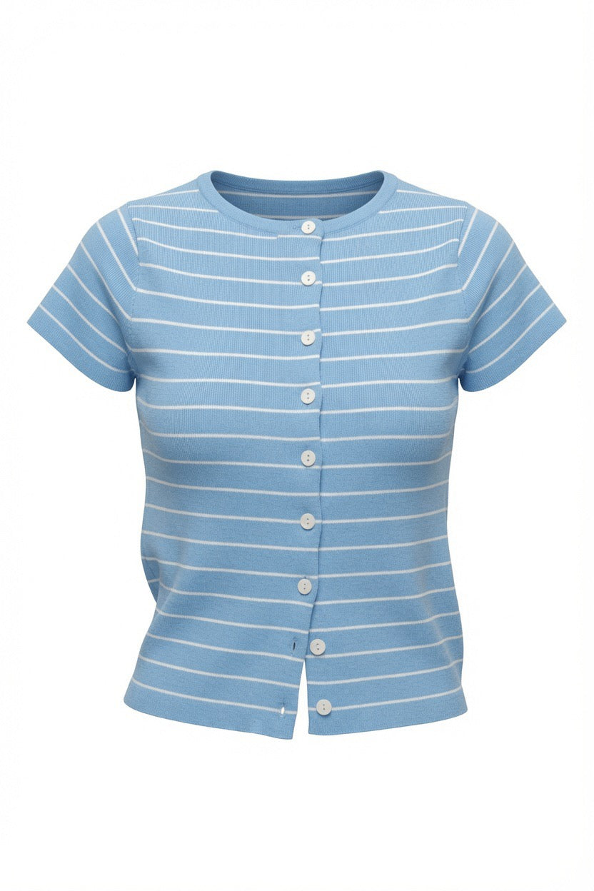 A light blue short-sleeve button-front top with thin white horizontal stripes, displayed on a clean white background.
