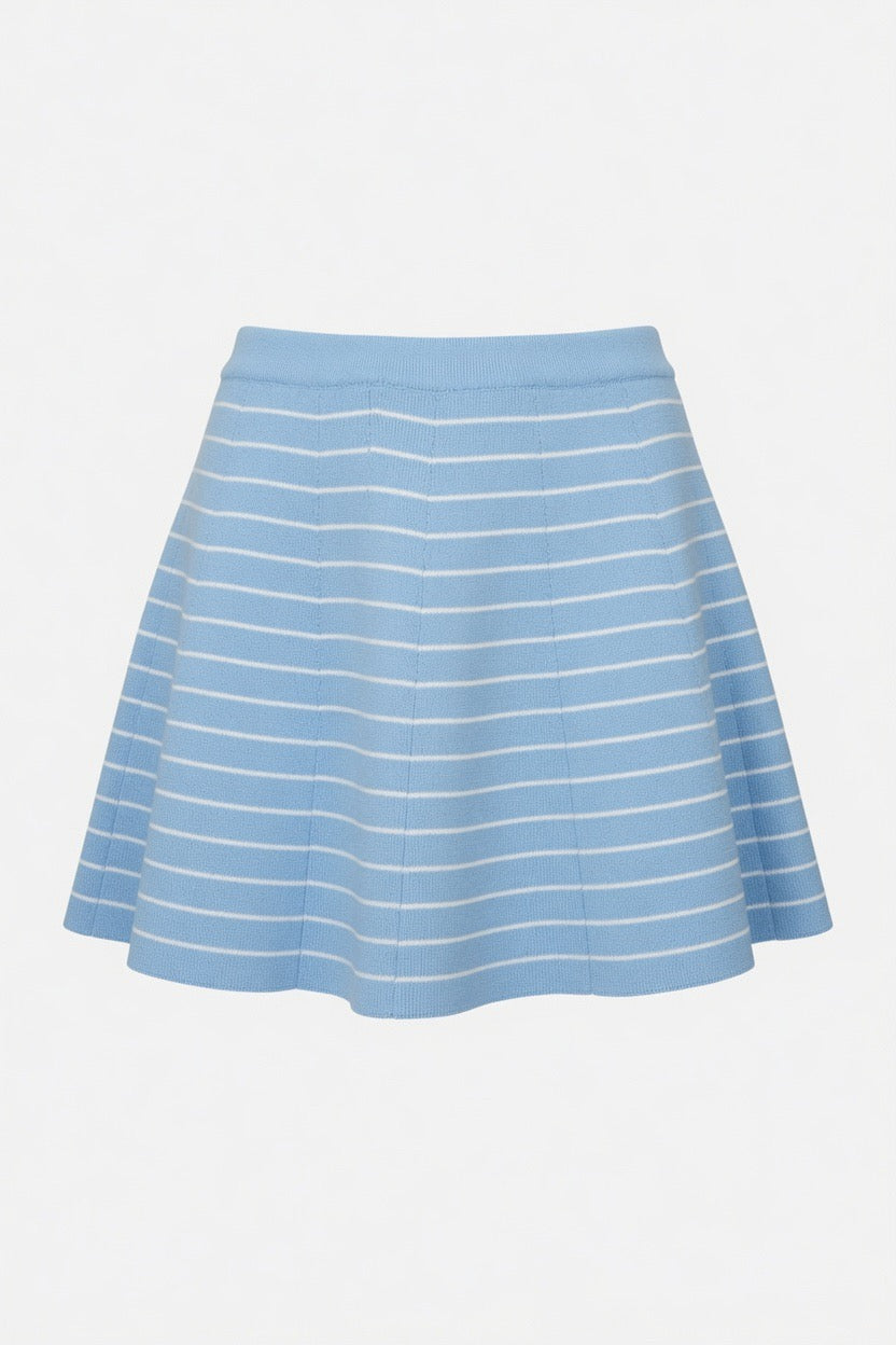 A light blue pleated mini skirt with thin white horizontal stripes, shown against a plain white background.
