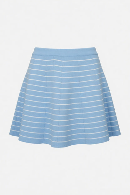 A light blue pleated mini skirt with thin white horizontal stripes, shown against a plain white background.