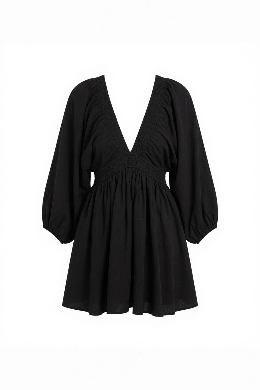 A black long-sleeve mini dress with a deep V-neckline, gathered waist, and voluminous balloon sleeves, shown against a plain white background.