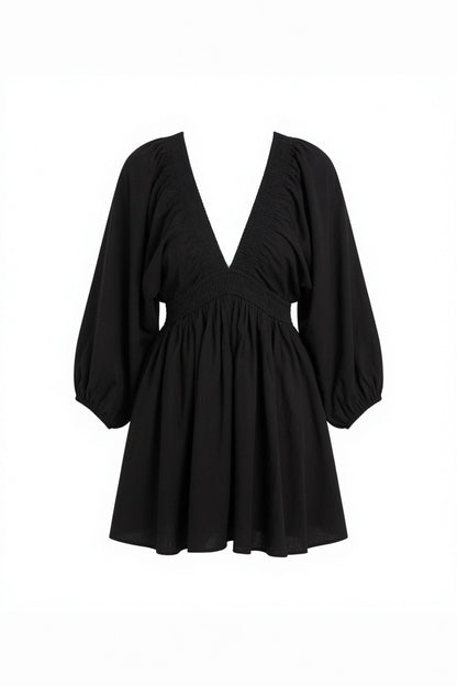 A black long-sleeve mini dress with a deep V-neckline, gathered waist, and voluminous balloon sleeves, shown against a plain white background.