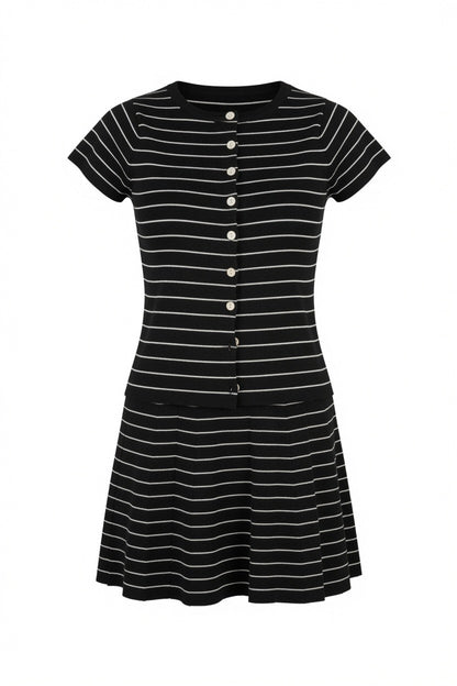 A short-sleeve black and white horizontally striped knit dress with a button-up front and a flared skirt, shown against a plain white background.
