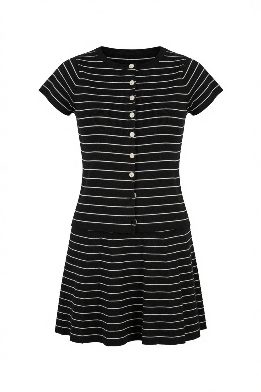 A short-sleeve black and white horizontally striped knit dress with a button-up front and a flared skirt, shown against a plain white background.