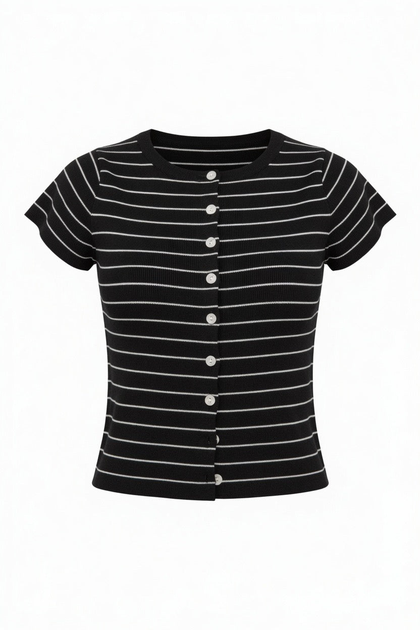 A short-sleeve black knit top with thin white horizontal stripes and a front button closure, displayed on a clean white background.