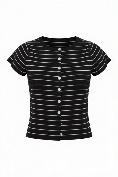 A short-sleeve black knit top with thin white horizontal stripes and a front button closure, displayed on a clean white background.