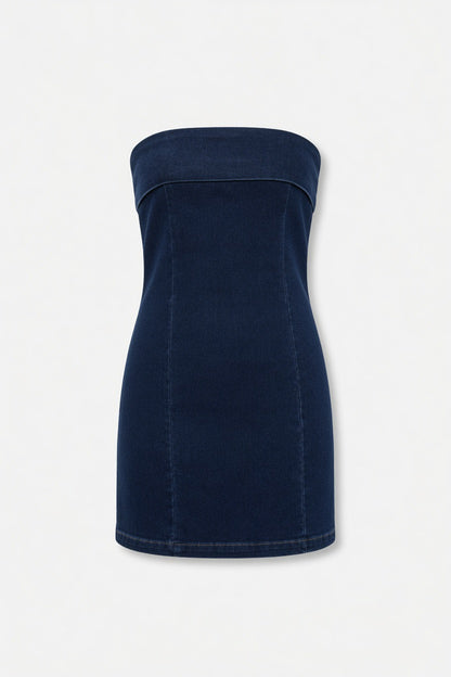 A dark navy blue strapless tube dress with a structured, fitted silhouette, shown against a plain light gray background.