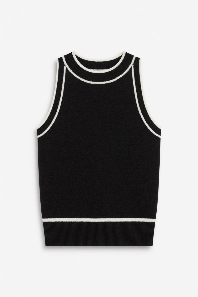 A black sleeveless knit top with white contrast trim along the crew neck, armholes, and hem, displayed flat against a light gray background.