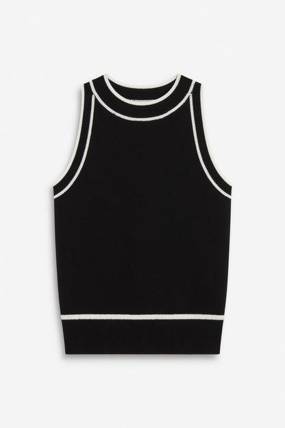 A black sleeveless knit top with white contrast trim along the crew neck, armholes, and hem, displayed flat against a light gray background.