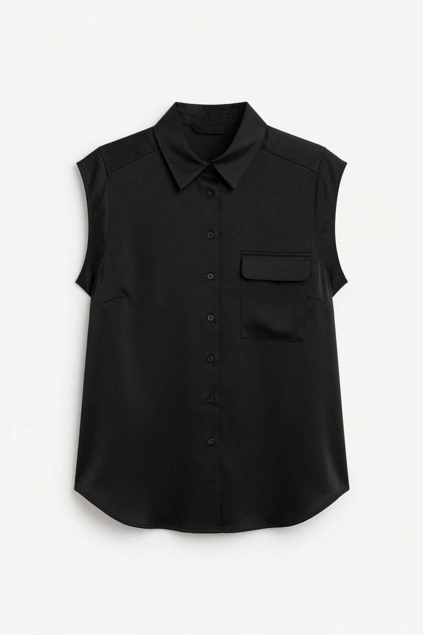 A black sleeveless button-up shirt with a pointed collar, a chest pocket, and side pockets, shown against a plain white background.