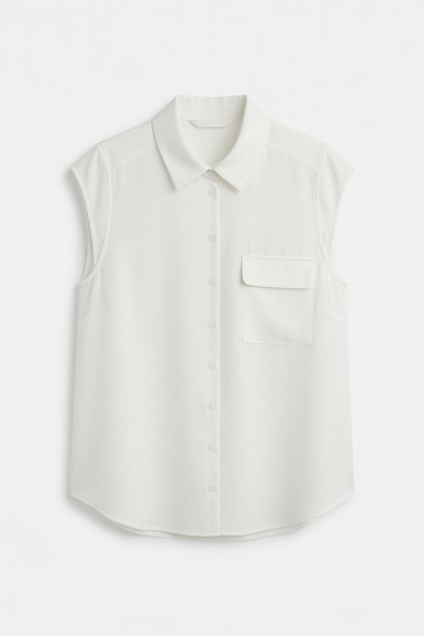 A sleeveless white button-up shirt with a pointed collar and a chest pocket, displayed on a clean white background.