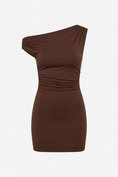 A dark brown one-shoulder bodycon mini dress with ruched detailing at the shoulder and waist, shown against a plain white background.