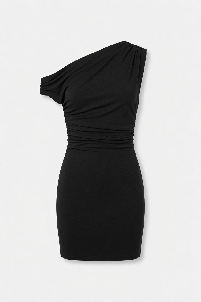 A black one-shoulder bodycon mini dress with a ruched waist, shown on a clean white background.