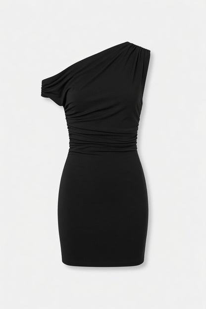 A black one-shoulder bodycon mini dress with a ruched waist, shown on a clean white background.