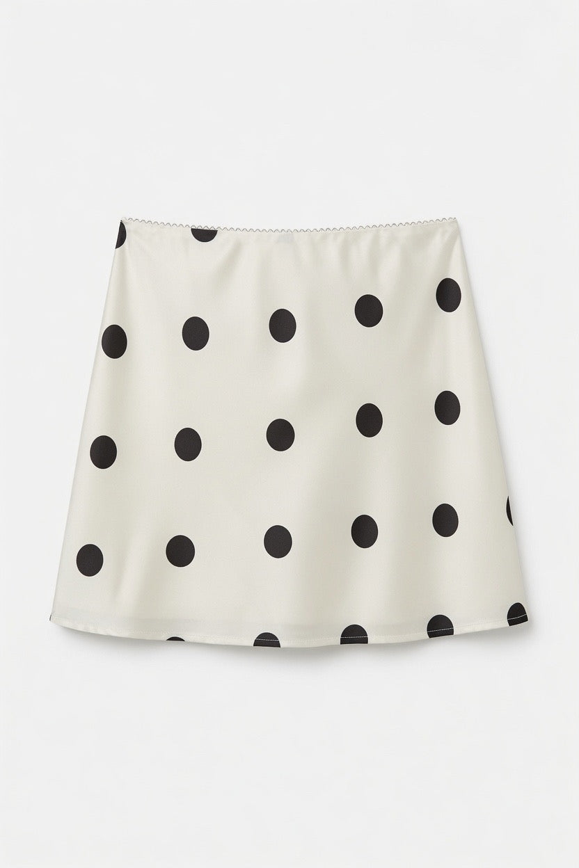 An A-line mini skirt in cream with a black polka dot pattern, displayed flat against a light gray background.