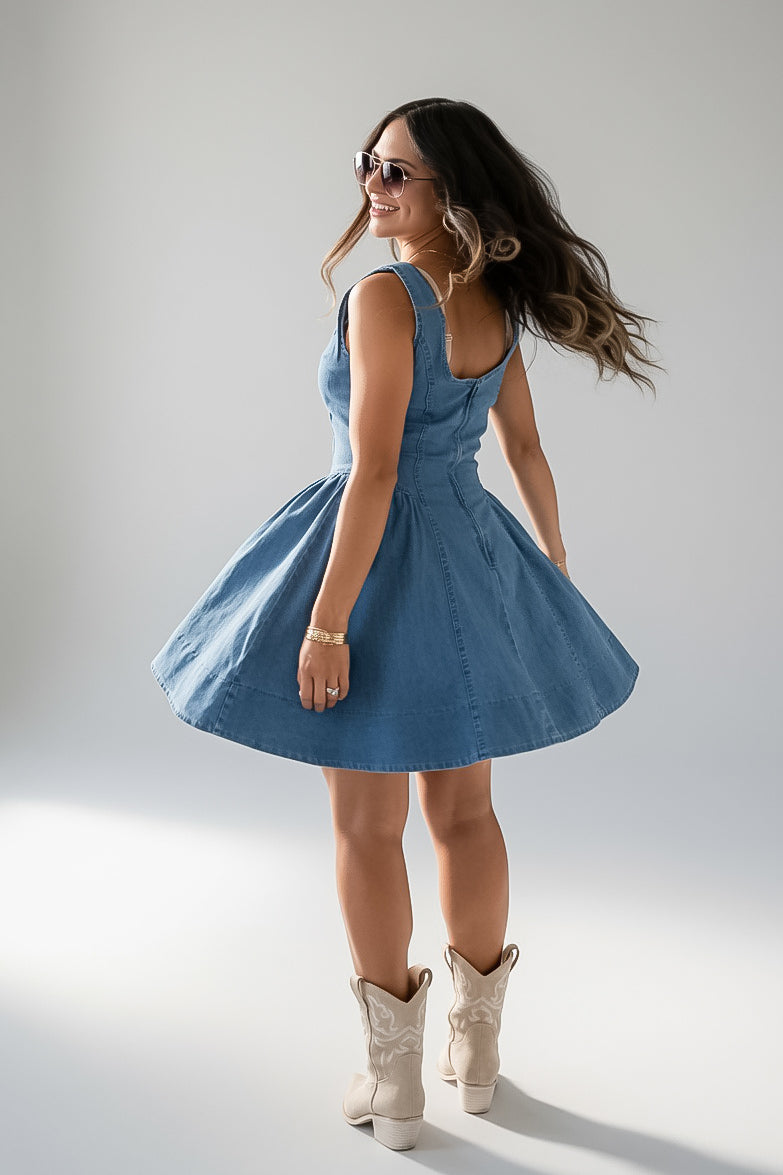 A woman wearing a sleeveless blue denim-style mini dress with a flared skirt, shown from the back in a studio setting. She is wearing beige cowboy boots and sunglasses against a light gray background.