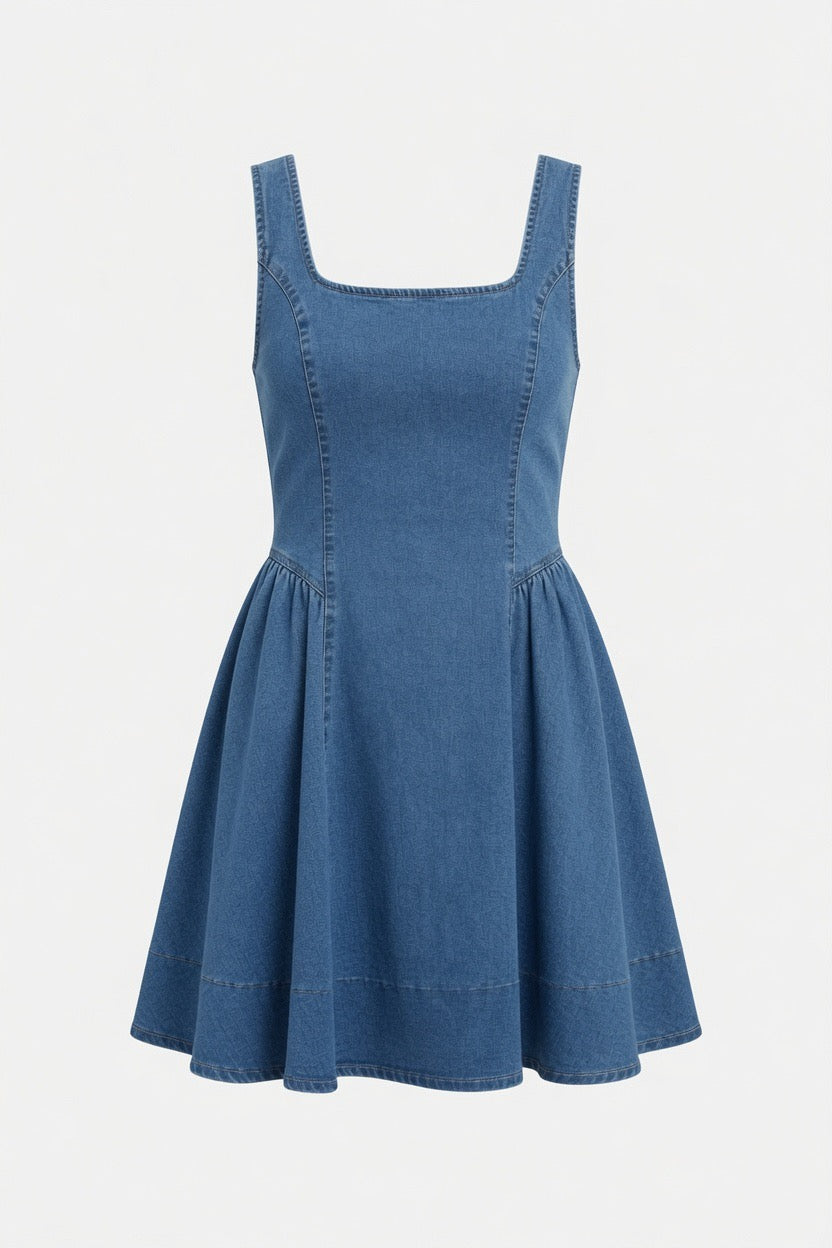 A blue denim skater dress with a square neckline and wide shoulder straps, shown against a plain white background.
