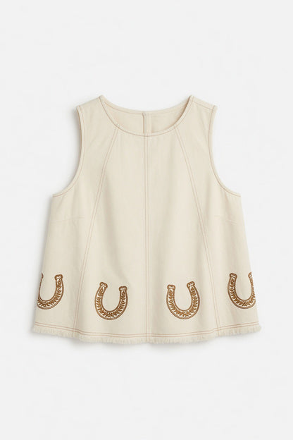 A sleeveless cream-colored top with a crew neck and three embroidered gold horseshoes along the bottom hem, displayed on a clean white background.