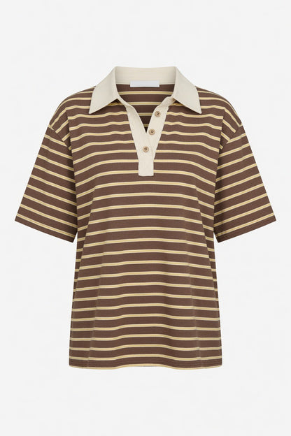 A short-sleeve polo shirt with horizontal brown and beige stripes, featuring a solid beige collar and a three-button placket, shown against a plain white background.