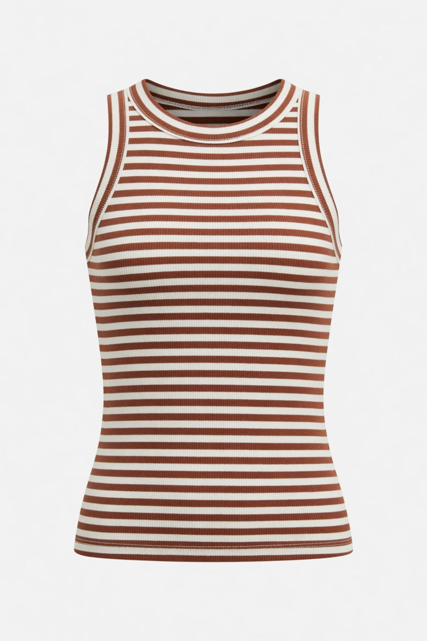 A sleeveless ribbed tank top with horizontal brown and off-white stripes, shown against a plain light gray background.