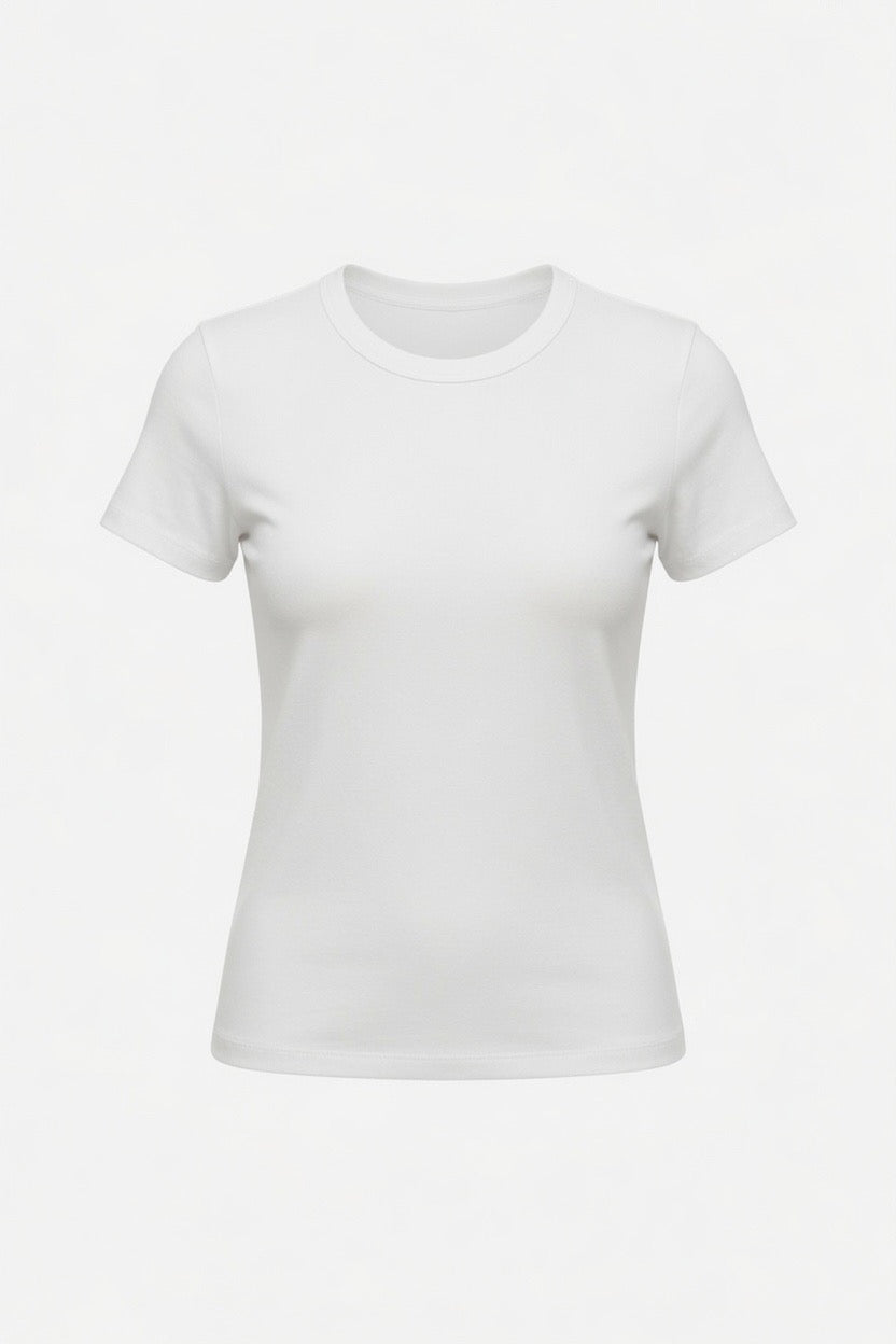 A plain white short-sleeve crewneck t-shirt displayed on a ghost mannequin against a clean white background.