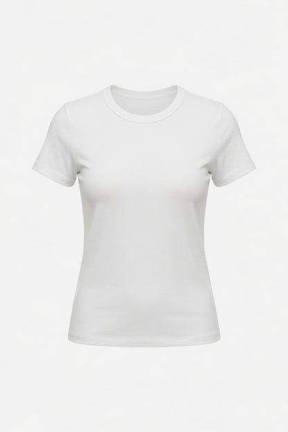 A plain white short-sleeve crewneck t-shirt displayed on a ghost mannequin against a clean white background.