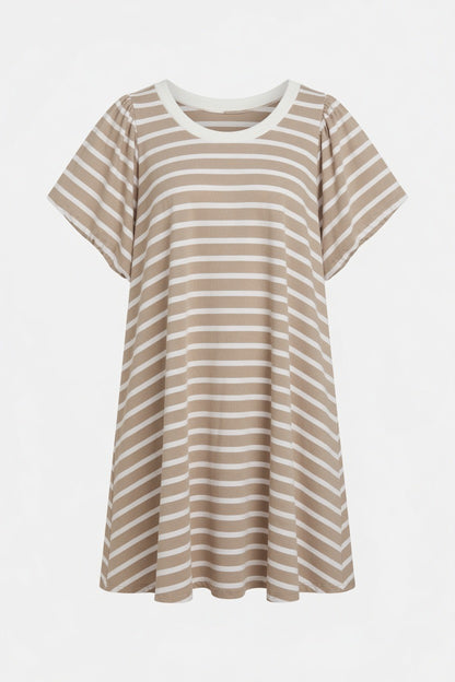 A short-sleeve flowy t-shirt dress with horizontal beige and white stripes, featuring a white crew neck, shown against a plain white background.
