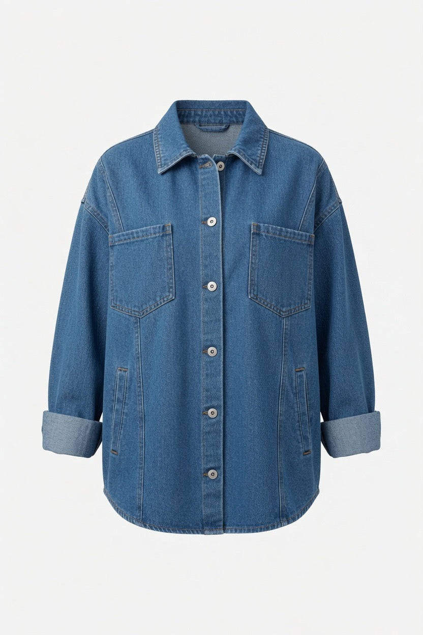A blue denim button-up shirt jacket with a pointed collar, two chest flap pockets, and rolled cuffs, shown against a plain light gray background.