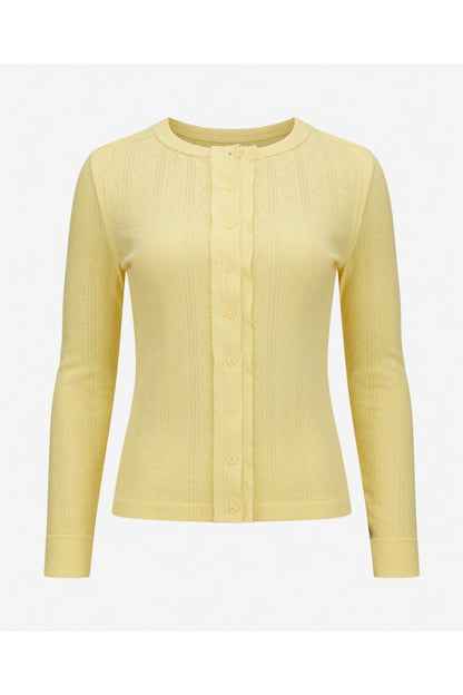 A pale yellow ribbed knit cardigan sweater with long sleeves and a button-up front, displayed on a clean white background.