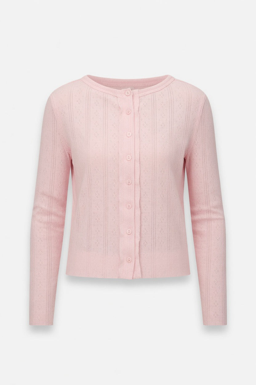 A light pink long-sleeve cardigan sweater with a button-up front, ribbed texture, and a crew neckline, shown against a plain light gray background.