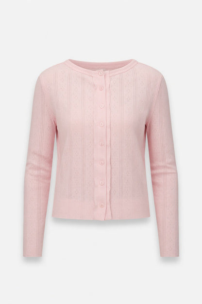 A light pink long-sleeve cardigan sweater with a button-up front, ribbed texture, and a crew neckline, shown against a plain light gray background.