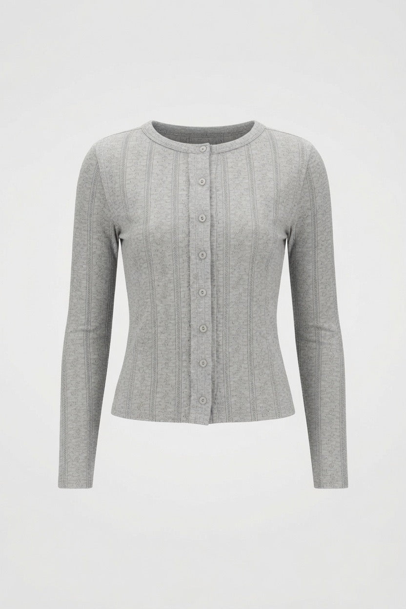 A light gray ribbed knit cardigan sweater with long sleeves and a button-up front, displayed on a clean white background.