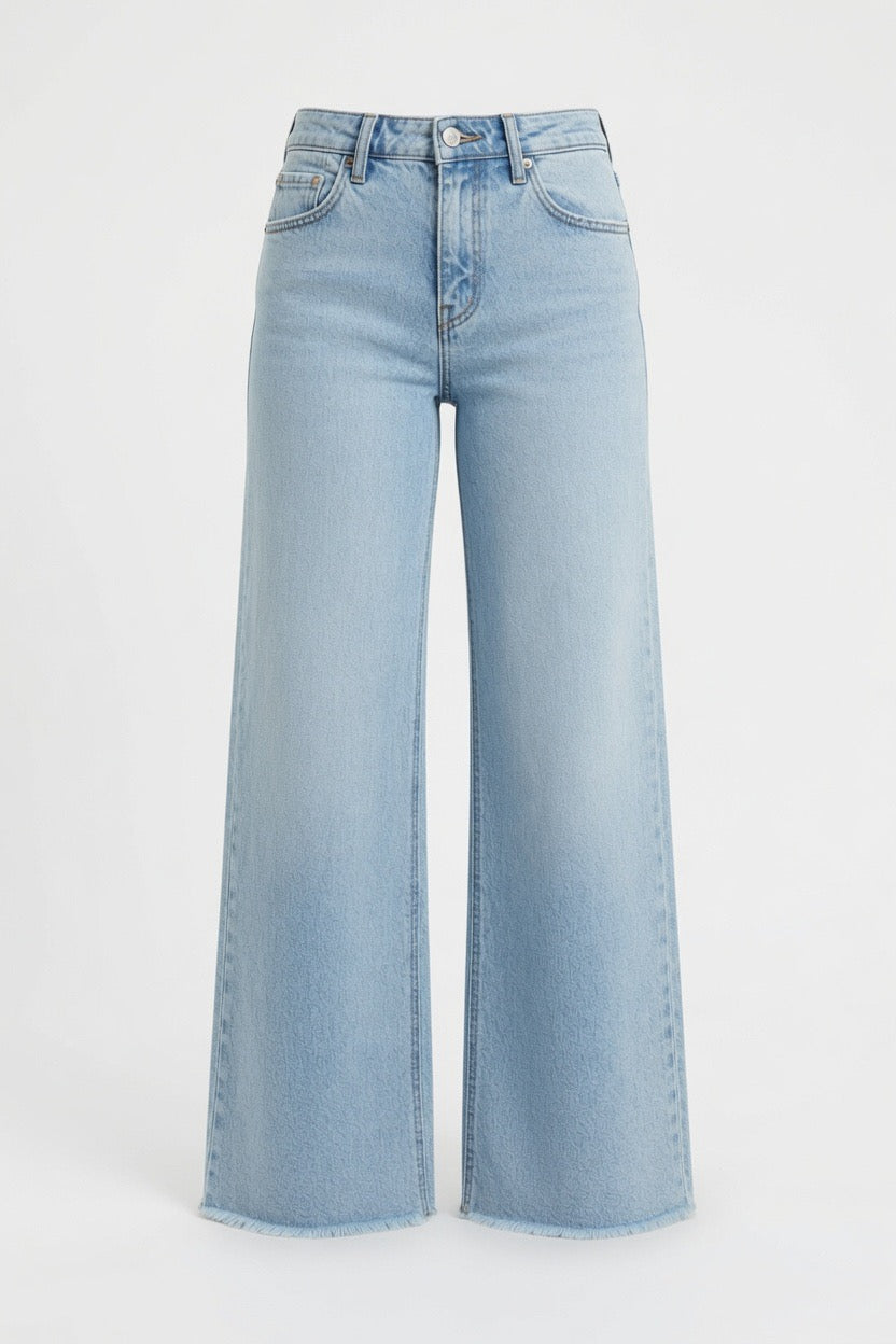 Light blue wide-leg denim jeans with a high waist and front button closure, shown against a plain white background.