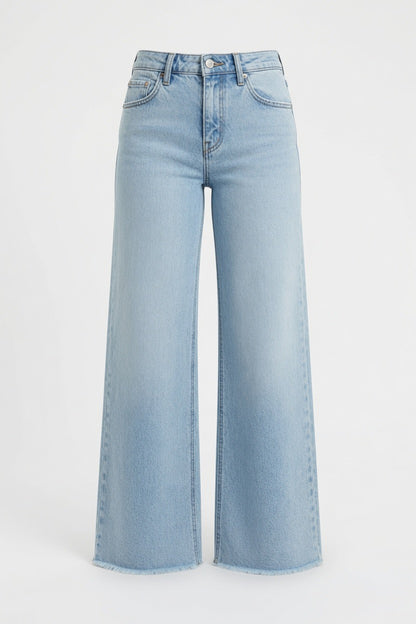 Light blue wide-leg denim jeans with a high waist and front button closure, shown against a plain white background.