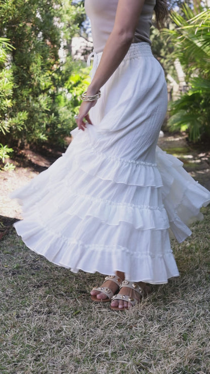 Relaxed Yet Polished Tiered Ruffle White Maxi Skirt