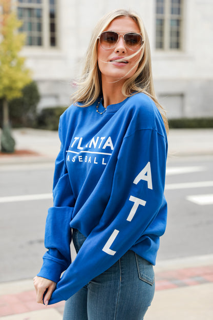 Royal Blue Atlanta Baseball Pullover on model