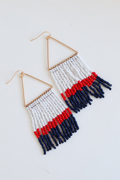 White + Navy Beaded Fringe Earrings